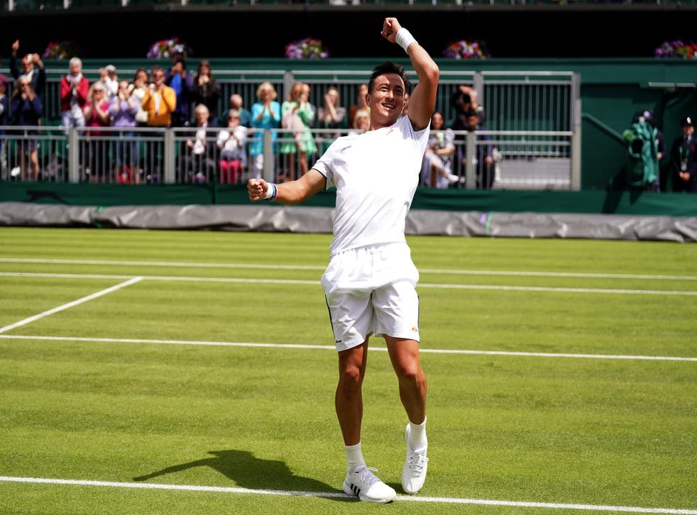 Ryan Peniston celebrates victory over Henri Laaksonen on day two of the 2022 Wimbledon Championships (Adam Davy/PA)