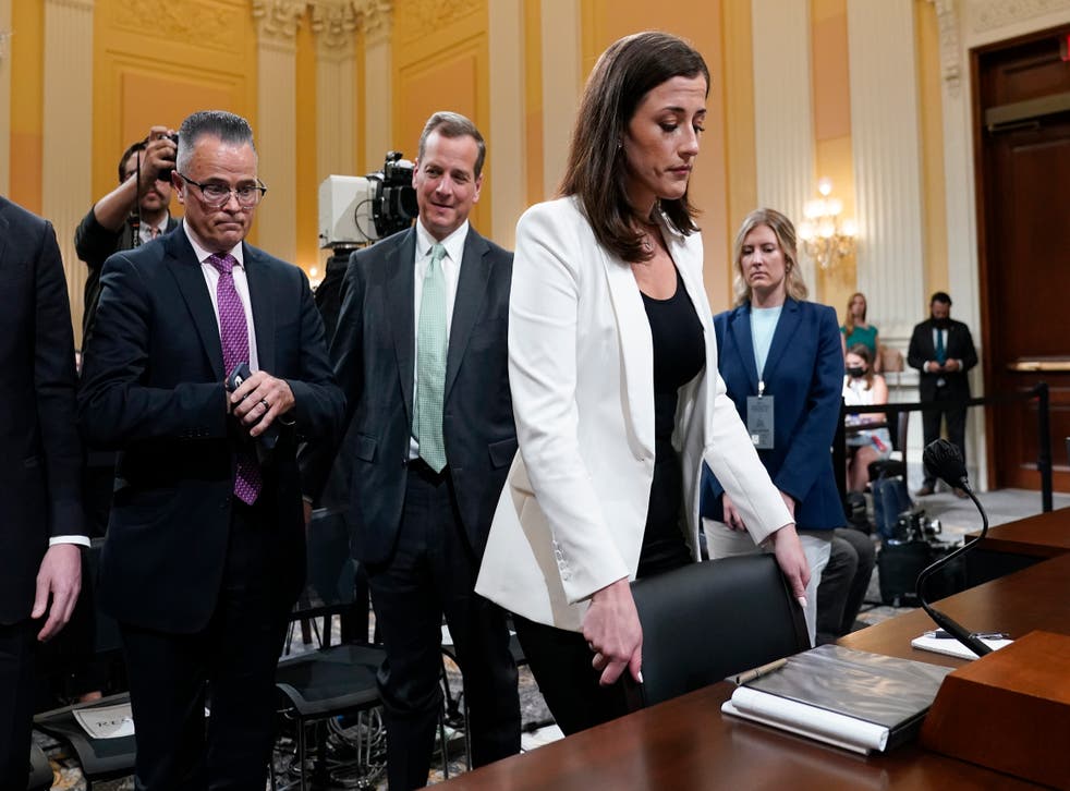 <p>Cassidy Hutchinson, former aide to Trump White House chief of staff Mark Meadows, leaves after testifying</s>