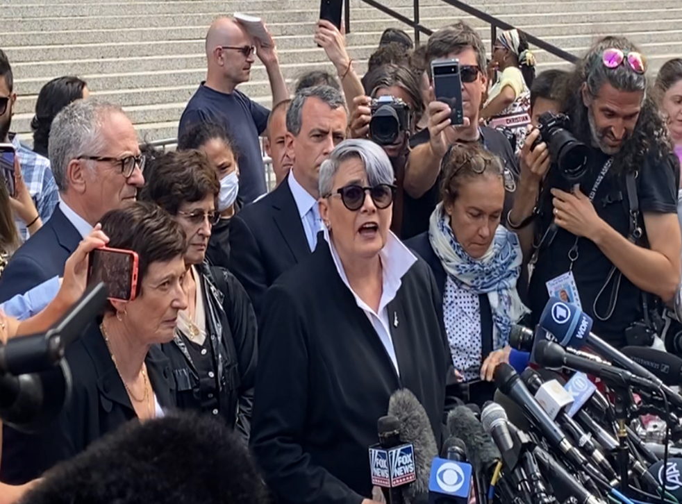 <p>Bobbi Sternheim, Maxwell’s attorney, speaks to reporters after her sentencing on 28 June </p>