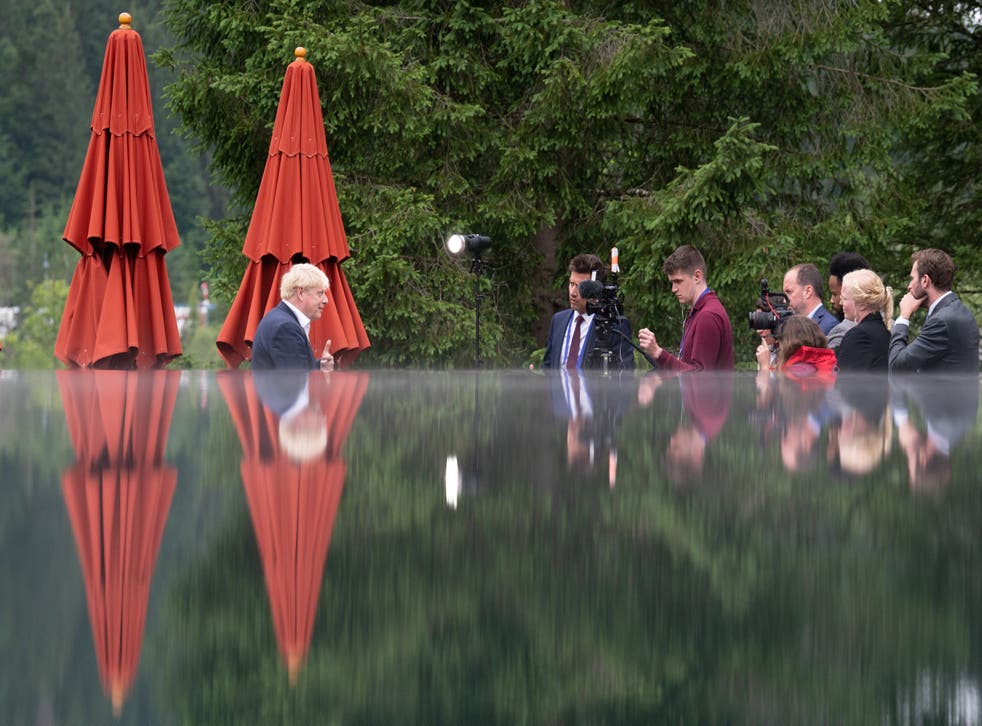 Prime Minister Boris Johnson is interviewed by the media during the G7 Summit in Schloss Elmau (PA)