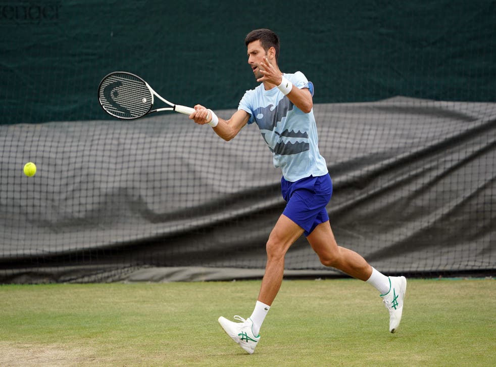 Novak Djokovic during a practice session on day three of the 2022 Wimbledon Championships at the All England Lawn Tennis and Croquet Club (Zac Goodwin/PA)