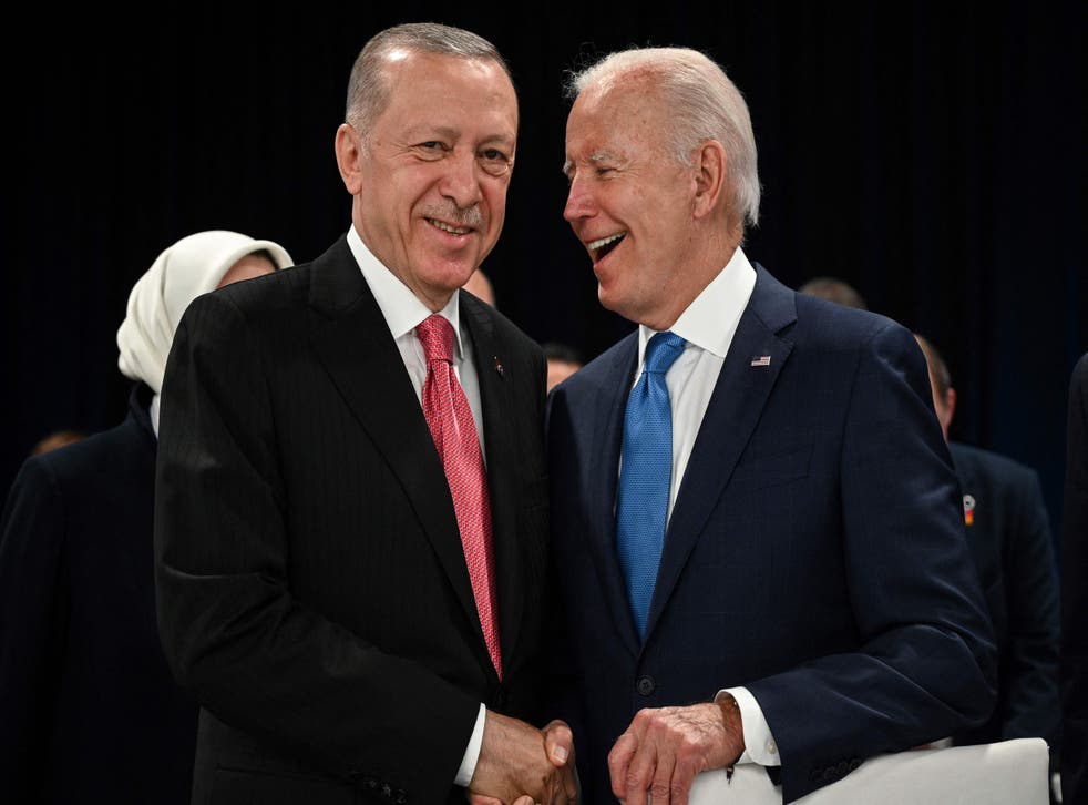 <p>All’s fine: Turkey’s President Recep Tayyip Erdogan (L) and US President Joe Biden shake hands at the Nato summit</p>