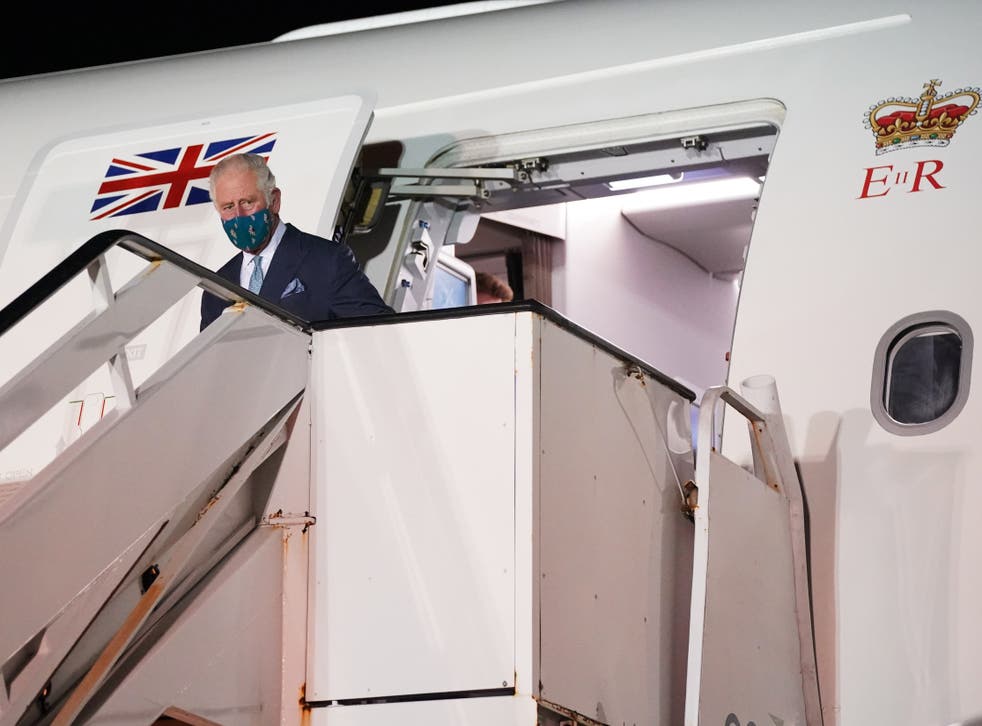 The Prince of Wales disembarks from an RAF Voyager as he arrives at Grantley Adams International Airport, Bridgetown, Barbados (Jonathan Brady/PA)