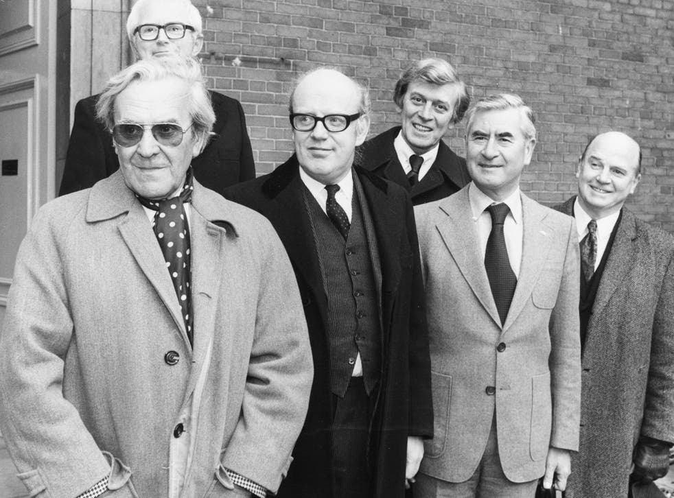 <p>(L-R) John Le Mesurier, David Croft, Frank Williams, Jimmy Perry, Bill Pertwee and Evan Ross, pictured in 1980 at a memorial service for John Laurie </p>
