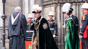The Prince of Wales, known as the Duke of Rothesay while in Scotland, and The Princess Royal after attending the Order of the Thistle Service for the installation of The Right Honourable Dame Elish Angiolini and The Right Honourable Sir George Reid, at St Giles' Cathedral, エディンバラ