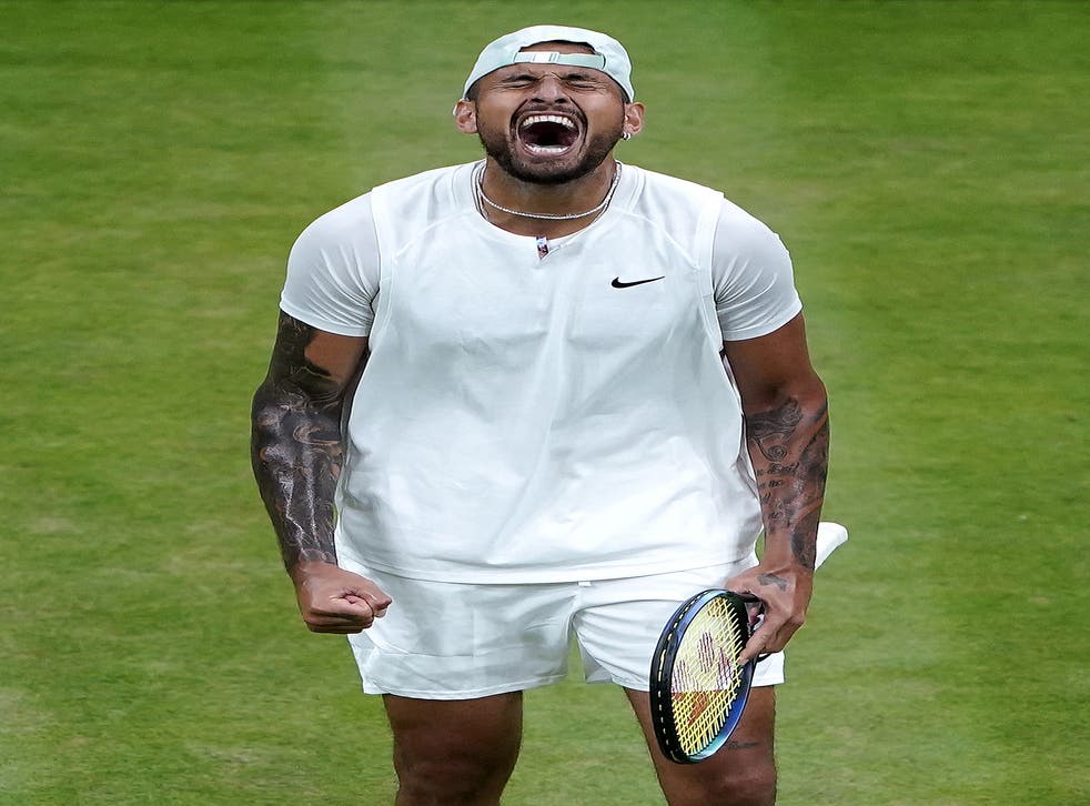 Australia’s Nick Kyrgios reacts after winning his third round match against Greece’s Stefanos Tsitsipas on Saturday (ザックグッドウィン/ PA)