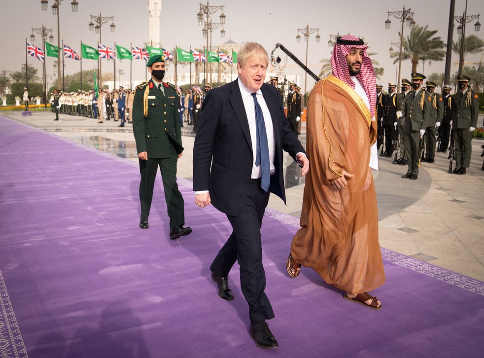 <p>Mr Johnson being welcomed by Mohammed bin Salman last month in Riyadh</p>