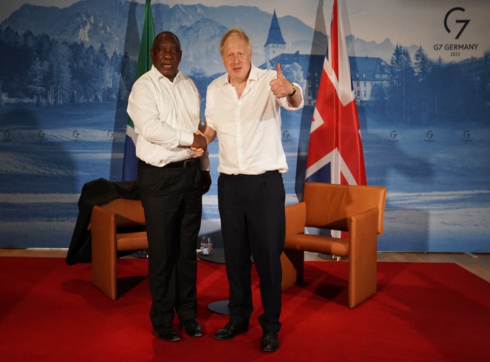 <p>Boris Johnson at a bilateral meeting with South African president Cyril Ramaphosa in June </p>