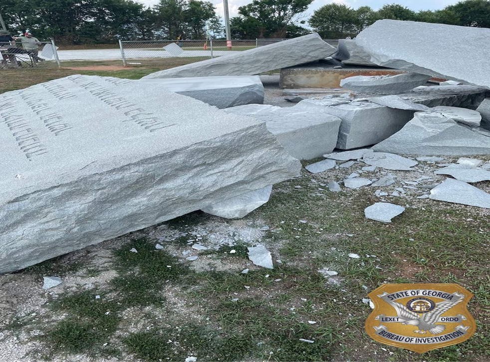 <p>Close up of the remains of the Guidestones after the attack and demolition released by the Georgia Bureau of Investigation</p>