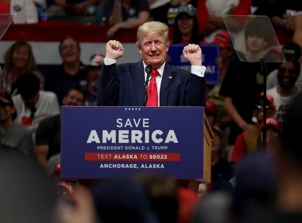 <p>Donald Trump speaks on stage at a GOP rally in Anchorage, Alaska, on 9 July </p>