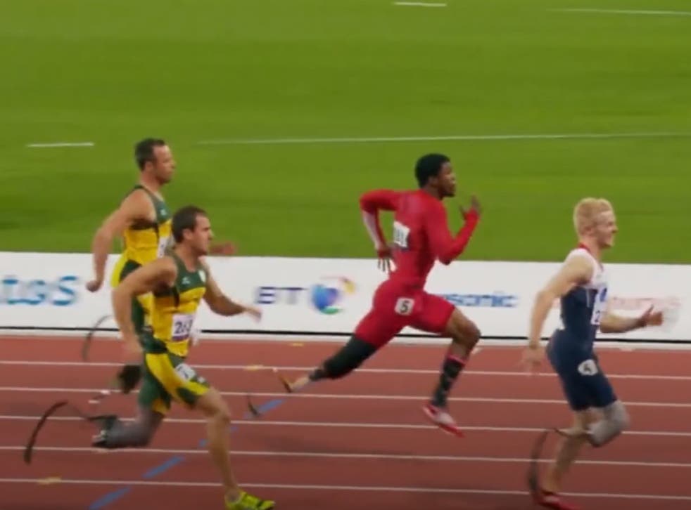 <p>Oscar Pistorius (far left) could be seen racing against Jonnie Peacock (far right) in Penny Mordaunt’s initial campaign clip</p>