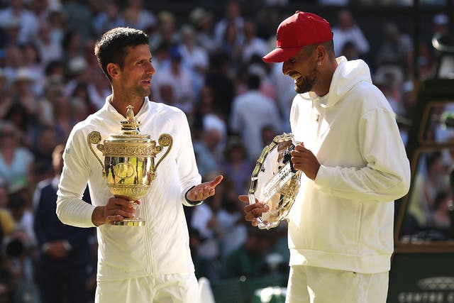 Winner Novak Djokovic and runner up Nick Kyrgios following the Men’s Singles Final at The 2022 Wimbledon Championships