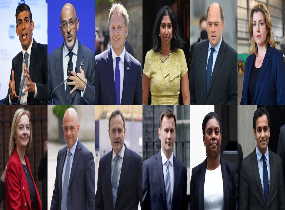 Candidates in the Conservative Party leadership race. (Principal, left to right) Former chancellor Rishi Sunak, newly appointed Chancellor of the Exchequer Nadhim Zahawi, Secretário de Transporte Grant Shapps, Attorney General Suella Braverman, Defence Secretary Ben Wallace, and Penny Mordaunt, (bottom, left to right) Foreign Secretary Liz Truss, former health secretary Sajid Javid, Tom Tugendhat, Jeremy Hunt, Kemi Badenoch and Rehman Chishti (PA)