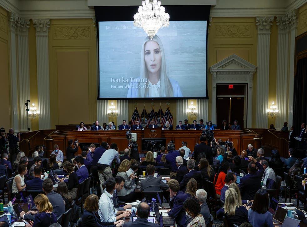 <p>An image of Ivanka Trump, the daughter of former President Donald Trump, is displayed during the third hearing of the House Select Committee  </p>