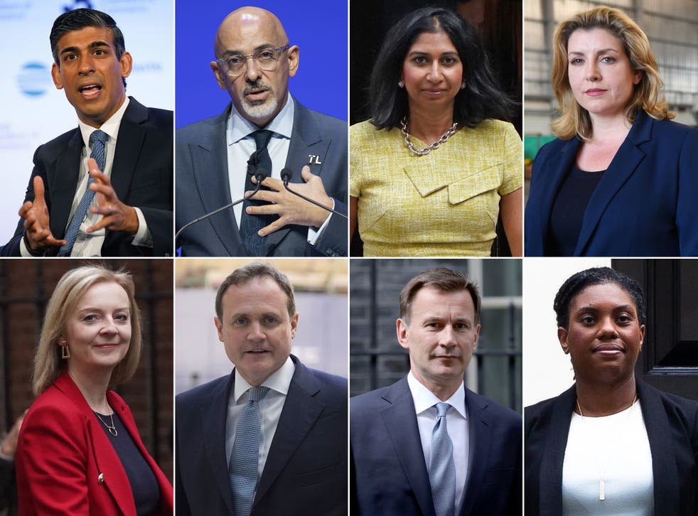 <p>There are now eight MPs left in the race; (Haut, from left) Rishi Sunak, Nadhim Zahawi,  Suella Braverman, Penny Mordaunt; (bottom, de gauche) Liz Truss, Tom Tugendhat, Jeremy Hunt and Kemi Badenoch  <pp>