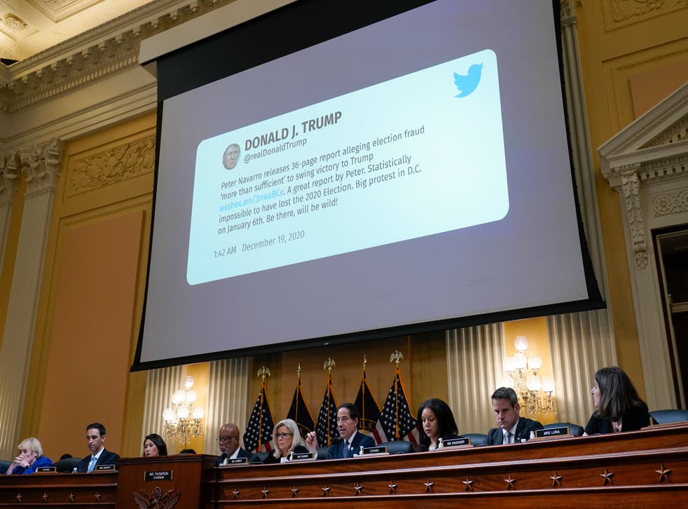 <p>A tweet from former President Donald Trump is shown as the House select committee investigating the Jan. 6 攻击</磷>