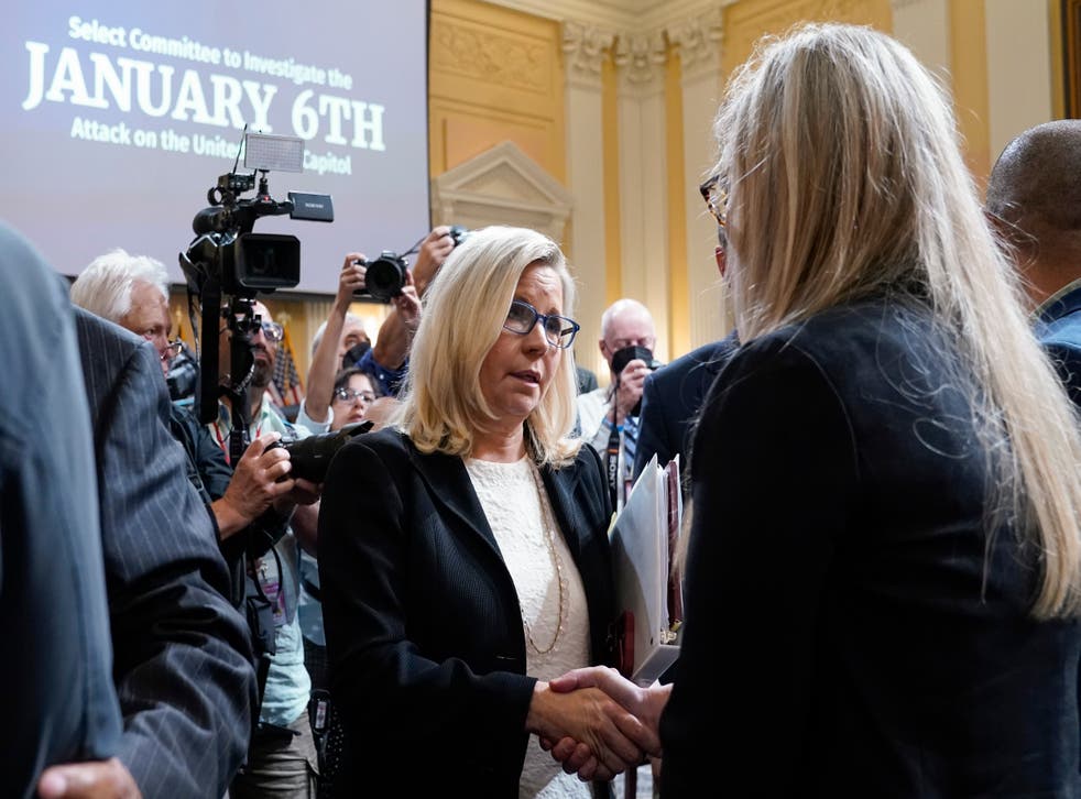 <p>Vice chair Rep. Liz Cheney, R-Wyo., greets Erin Smith, widow of U.S. Capitol Police officer Jeffrey Smith, as the House select committee investigates the Jan. 6 attack on the U.S. Capitole<pp>