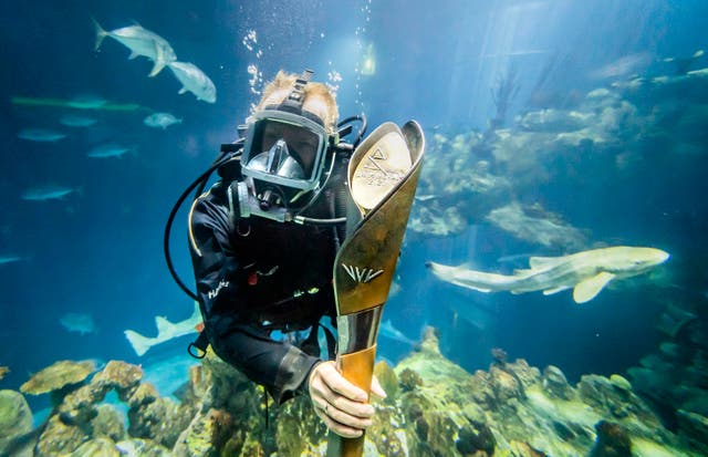 Batonbearer, diver Sebastian Prajsnar carries the Queen’s Baton for the Birmingham 2022 Jogos da Commonwealth, in the aquarium at The Deep, sealife attraction in Hull as the baton visits the Yorkshire region during its 25-day tour of England in the final countdown to the games