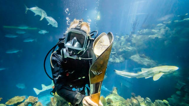 Batonbearer, diver Sebastian Prajsnar carries the Queen’s Baton for the Birmingham 2022 Commonwealth Games, in the aquarium at The Deep, sealife attraction in Hull as the baton visits the Yorkshire region during its 25-day tour of England in the final countdown to the games