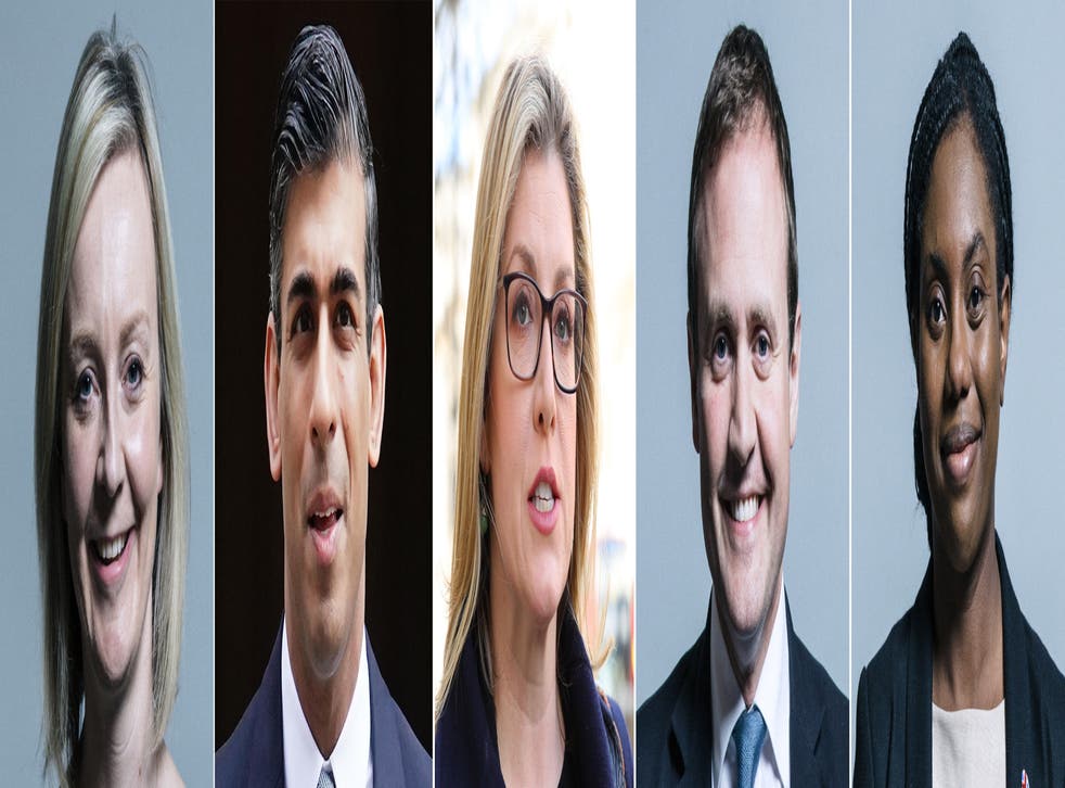The five candidates in the Conservative Party leadership race, (top row left to right), Liz Truss, Rishi Sunak, Penny Mordaunt, Tom Tugendhat and Kemi Badenoch (UK Parliament/PA)