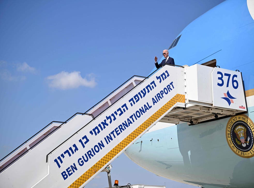 <p>Joe Biden gives a salute before boarding Air Force One to depart Israel’s Ben Gurion Airport on 15 July 2022</p>