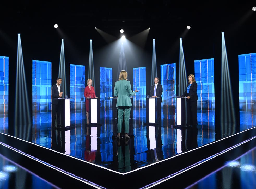 Candidates and presenter Julie Etchingham on stage in the ITV televised debate (Jonathan Hordle/ITV/PA)