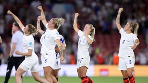 Ellen White, Millie Bright, Beth Mead and Rachel Daly celebrate with the fans after England beat Northern Ireland in their last Euro 2022 group match in Southampton