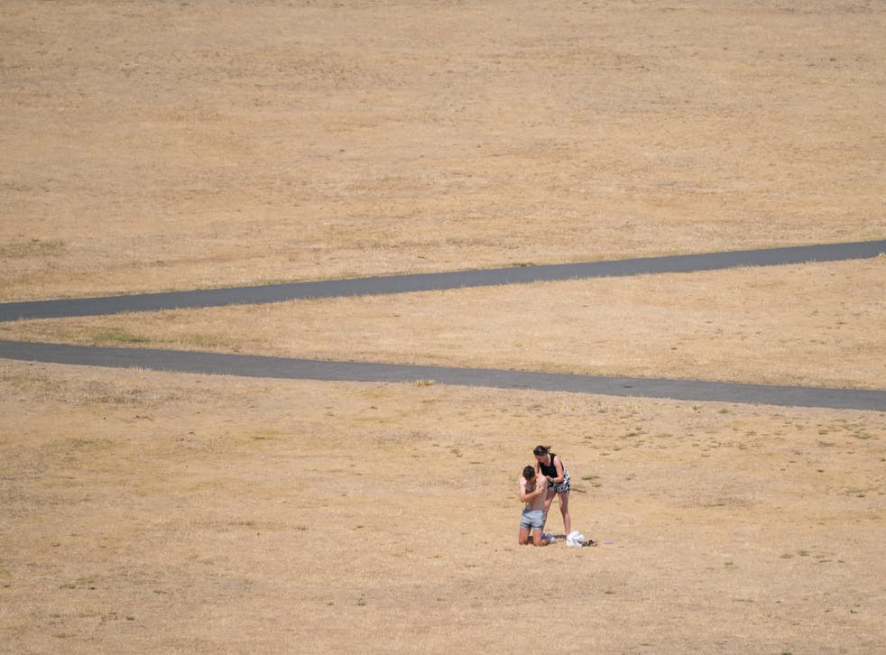 People apply sun cream as they sit in the sun in Greenwich Park, south-east London (多米尼克·利平斯基/PA)