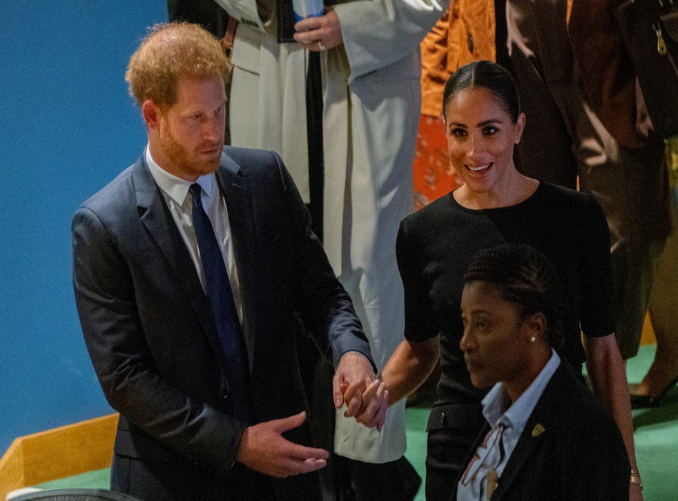 <p>Prince Harry and Meghan arriving at the UN on Nelson Mandela Day</p>