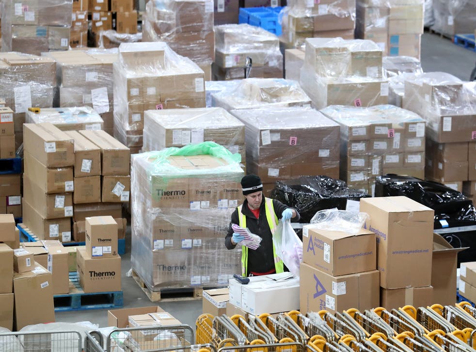 Supplies stored at the NHS’ National Procurement Warehouse at Canderside, Larkhall, に 2020 (Andrew Milligan/PA)