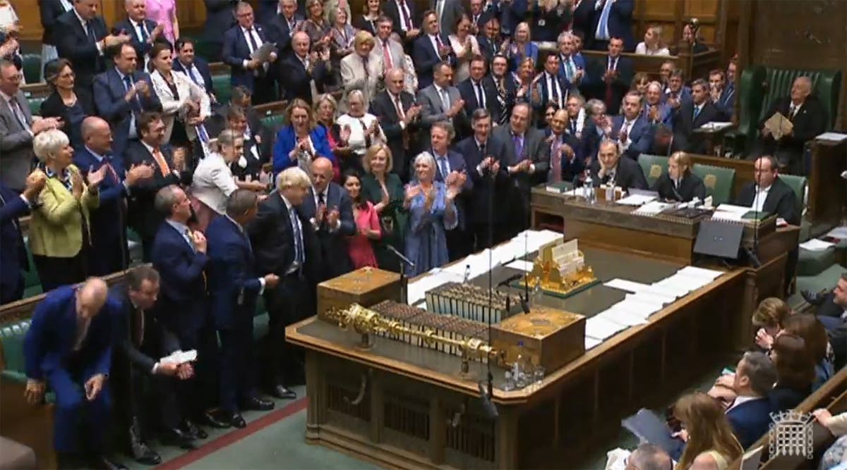 Johnson claims ‘mission largely accomplished’ as loyal Tory MPs applaud final PMQs