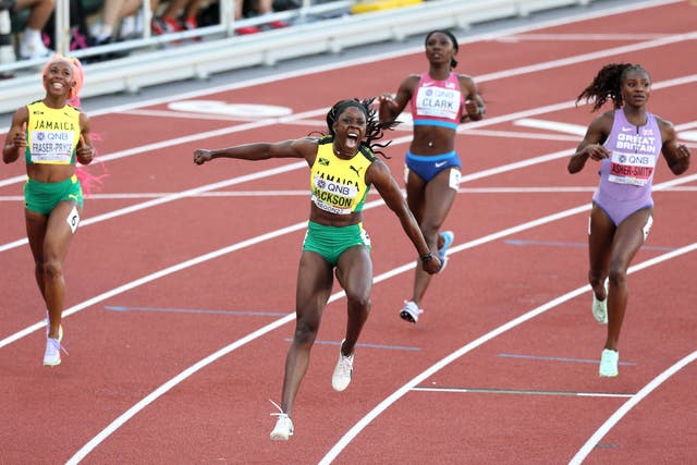 Jamaica’s Shericka Jackson celebrates after winning gold in the women’s 200m at the World Athletics Championships in Oregon
