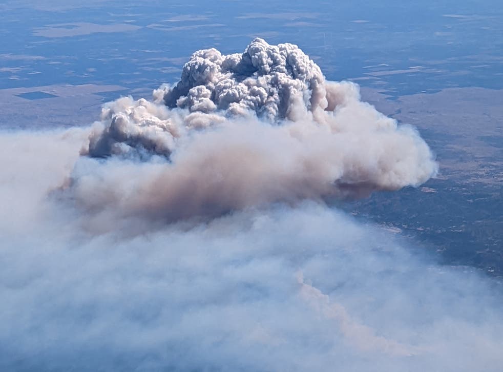 <p>An aerial view of the Oak Fire near Yosemite National Park shows smoke from the blaze above Yosemite Valley, California. </p>
