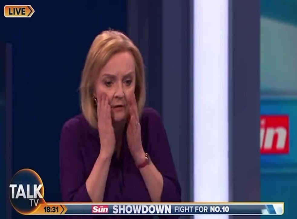 <p>Conservative leadership candidate Liz Truss reacts with shock to an incident in the TalkTV studio </s>