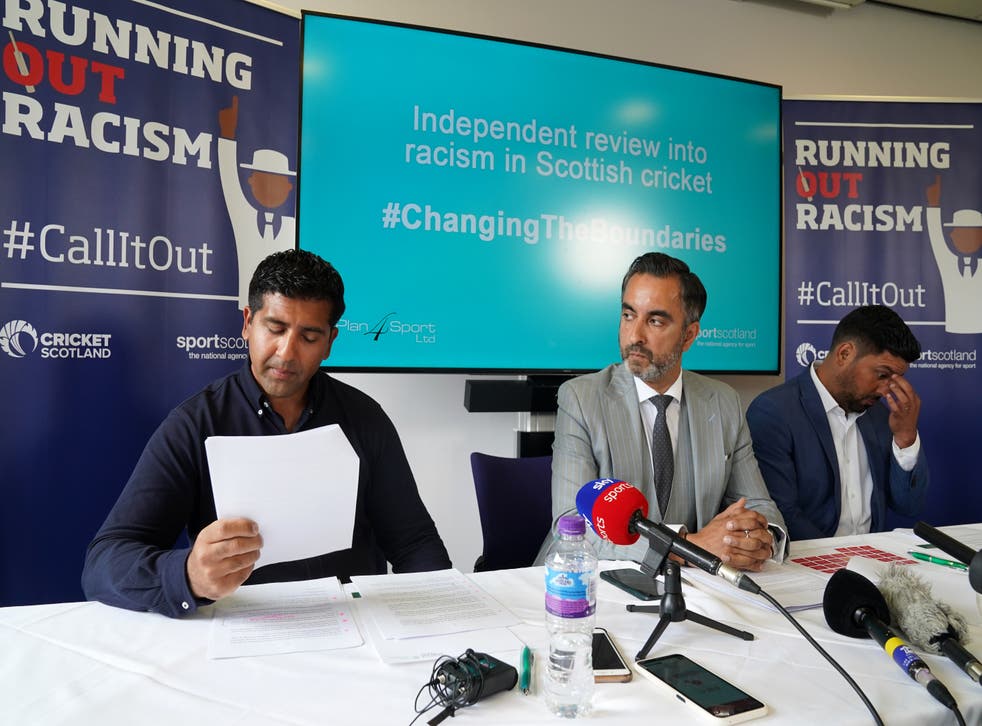 Majid Haq, Aamer Anwar and Qasim Sheikh spoke out after the report was published (Andrew Milligan/PA)