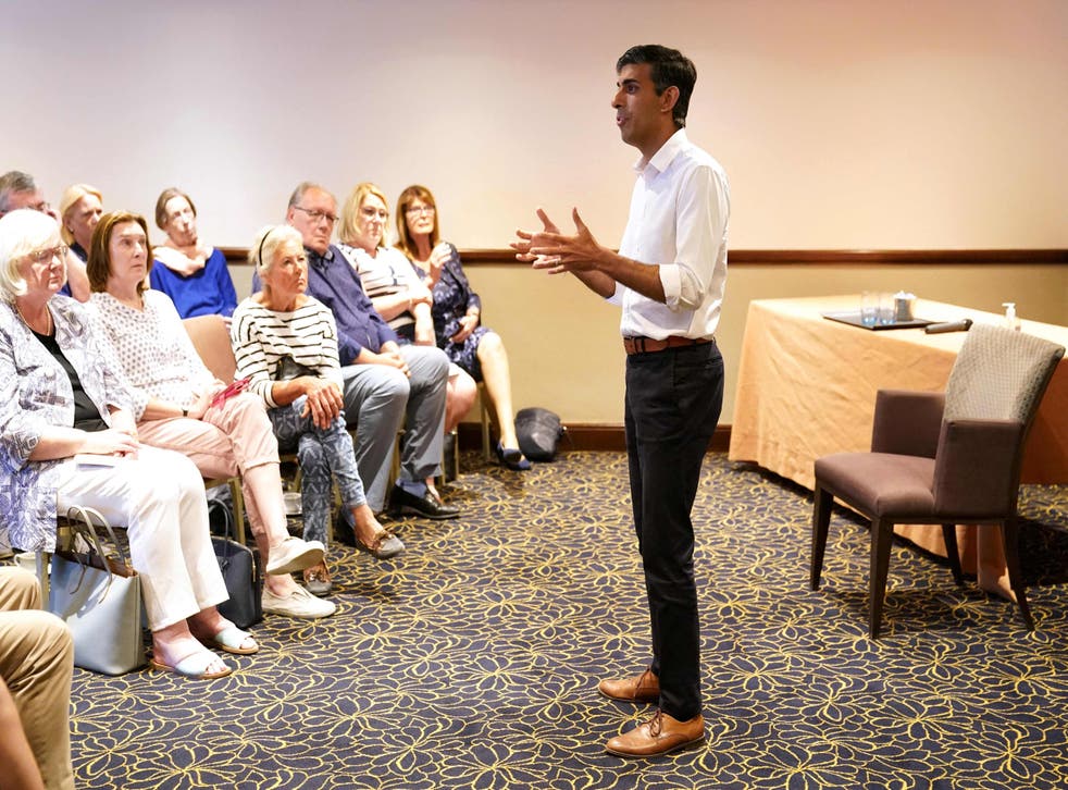 <p>Britain’s former chancellor to the exchequer and candidate to be the Leader of the Conservative Party, and Britain’s next Prime Minister Rishi Sunak, delivers a speech during a campaign event in Newmarket, on 27 July 2022</p>
