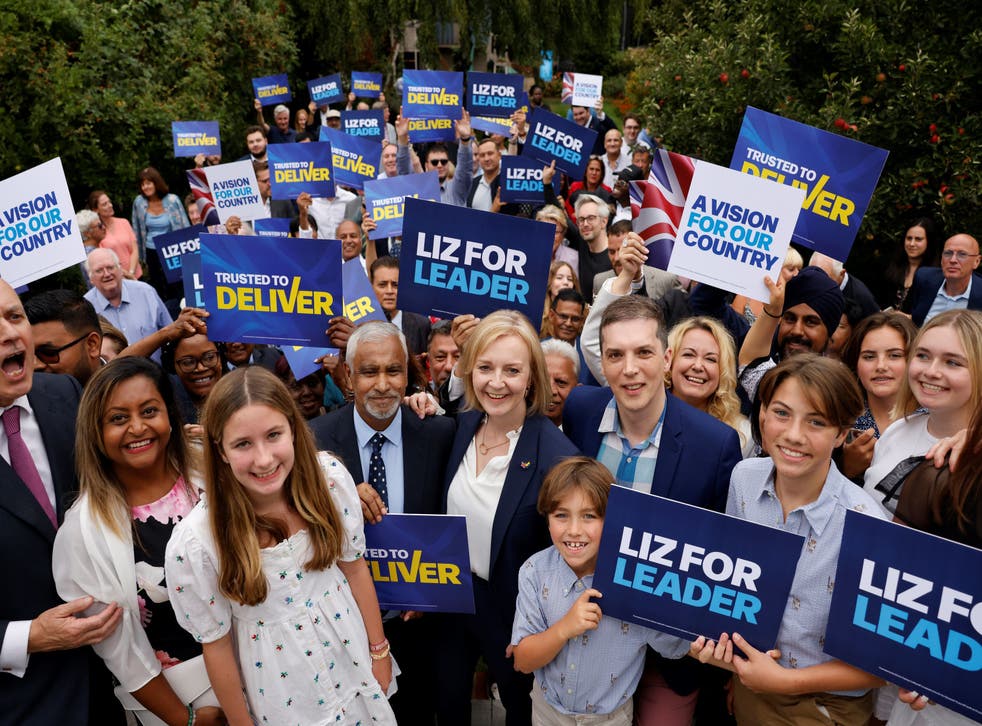 <p>Liz Truss speaking at an event at private house with members of the Conservative party in Woodford Green as part of her campaign to be leader of the Conservative Party and the next prime minister</p>