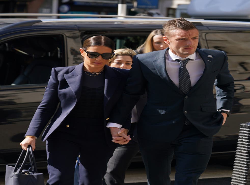 <p>Rebekah and Jamie Vardy at the Royal Courts Of Justice during the trial in May </磷>