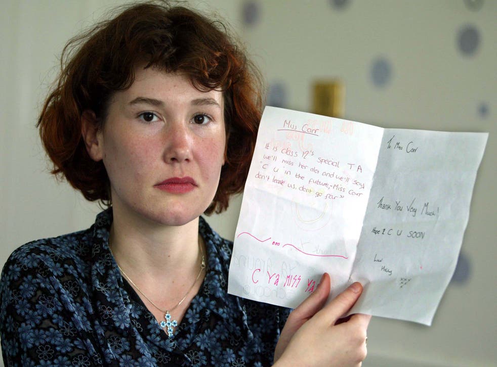 Huntley’s then girlfriend Maxine Carr, who had been the girls’ teaching assistant, posed with a leaving card (Andrew Parsons/PA)