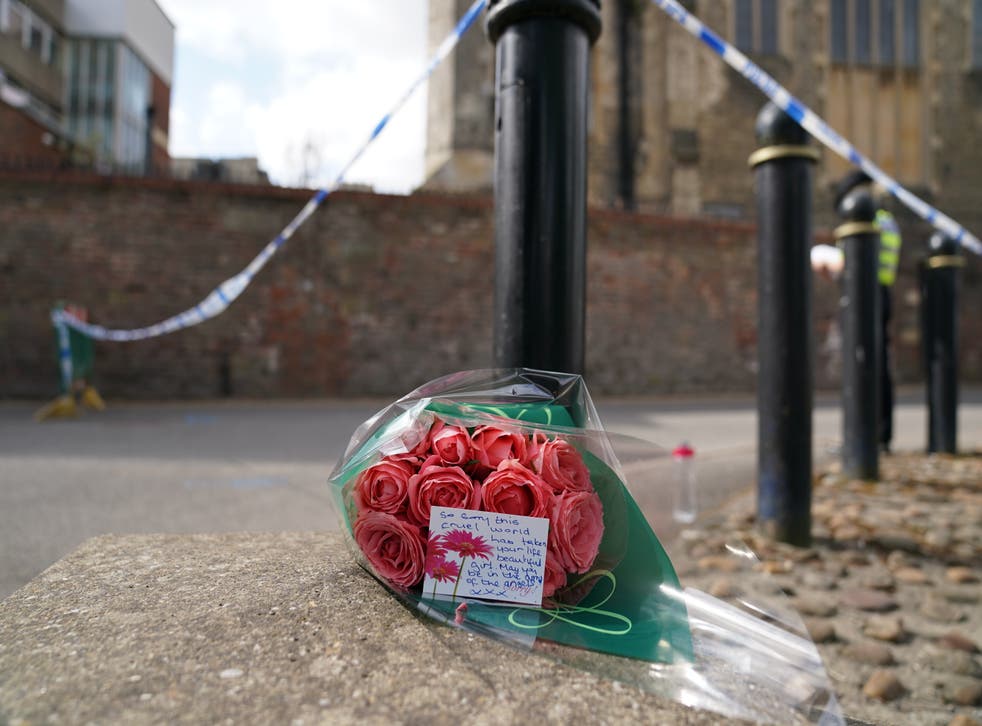 <p>Floral tribute left near to the scene in Boston after a nine-year-old girl died from a suspected stab wound (Joe Giddens/PA)</s>