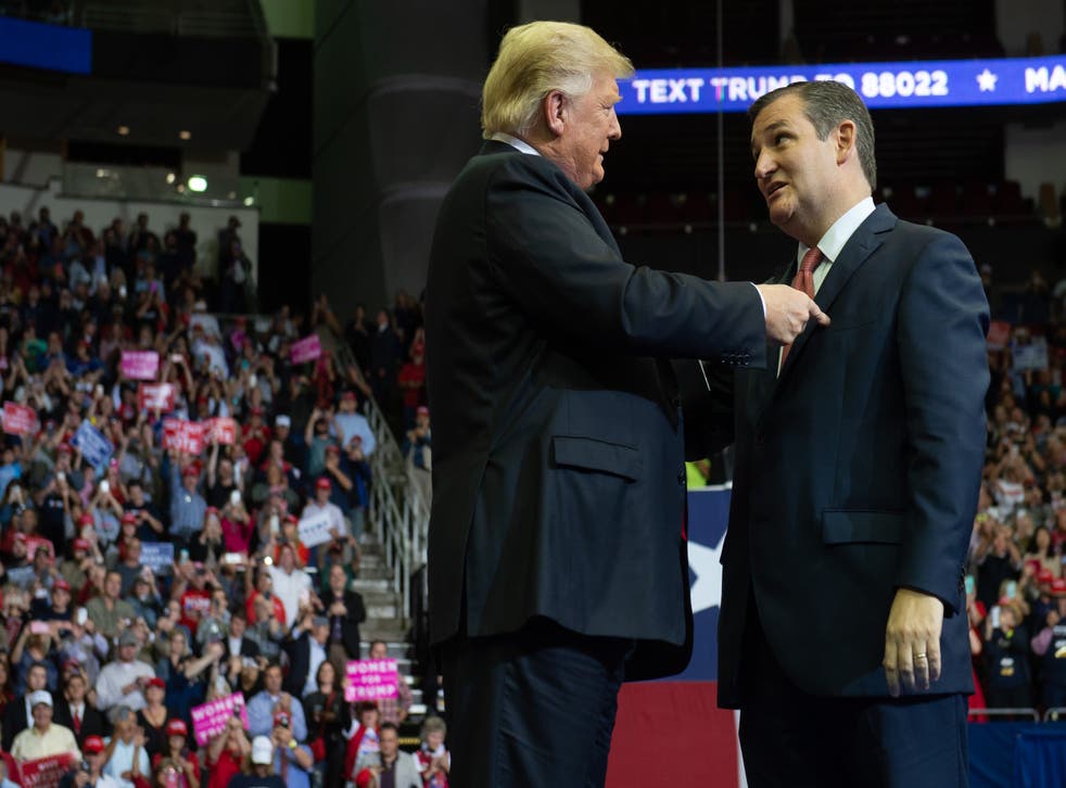 <p>Donald Trump greets Ted Cruz (R), Republican of Texas, during a campaign rally at the Toyota Center in Houston, テキサス, 22 October 20p8</p>
