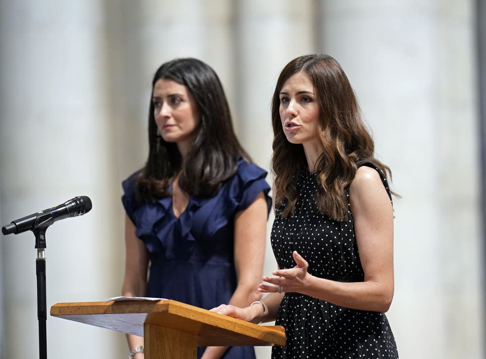 <p>BBC Look North presenters Amy Garcia (left) and Keeley Donovan speak at the service</p>