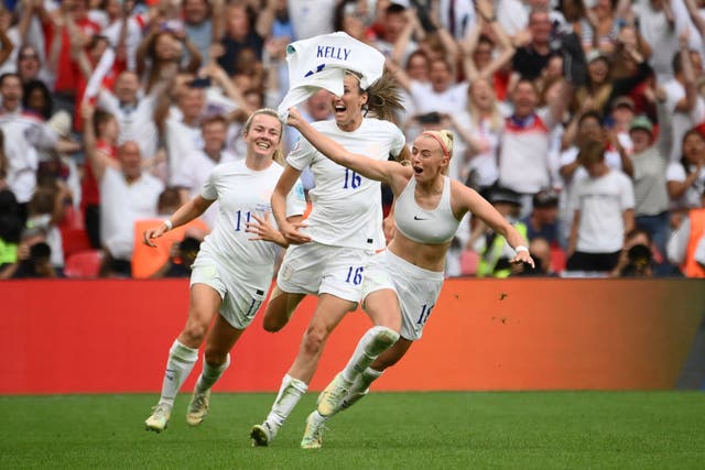 England's striker Chloe Kelly  celebrates after scoring her team second goal during the UEFA Women's Euro 2022 final football match between England and Germany at the Wembley stadium