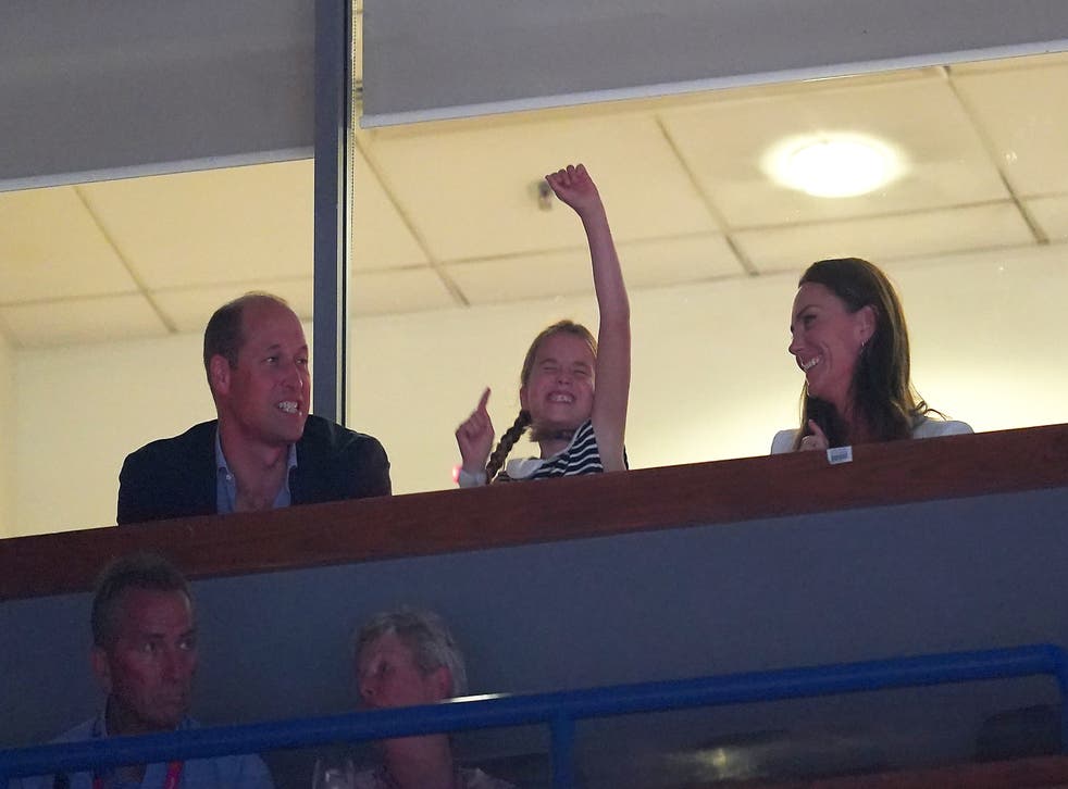 The Duke and Duchess of Cambridge with their daughter Princess Charlotte as they watch the gymnastics at the Arena Birmingham (David Davies/PA)