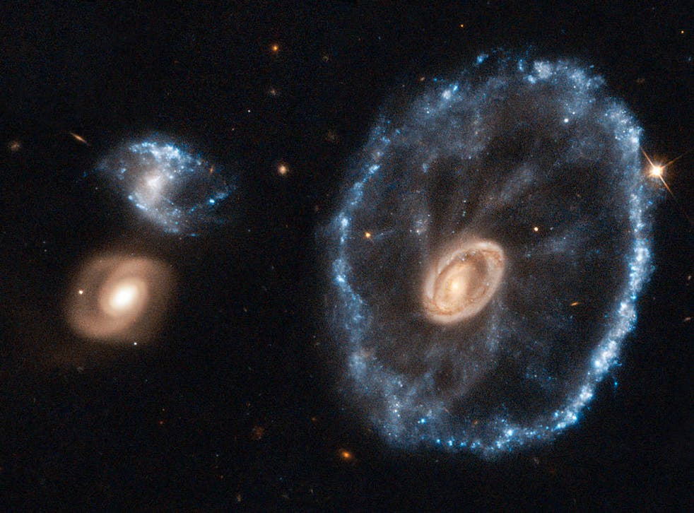 <p>An image of the Cartwheel galaxy taken in 2018 by the Hubble Space Telescope</p>