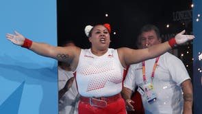 England’s Emily Campbell celebrates after winning gold in the women’s 87+kg weightlifting at the Commonwealth Games
