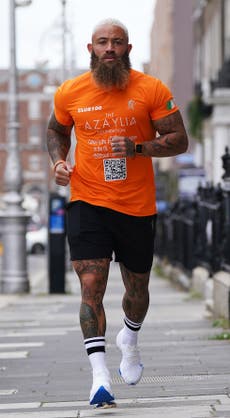 Ashley Cain finishes first of five marathons in aid of childhood cancer charity