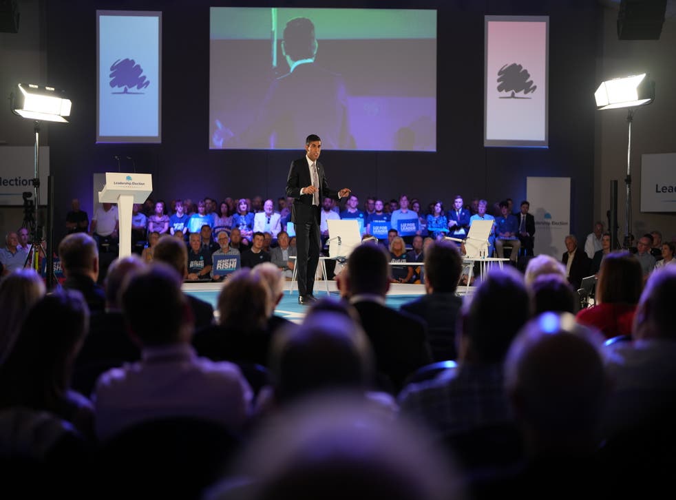 Rishi Sunak speaking at the All Nations Centre in Cardiff during Wednesday’s hustings (Jacob King/AP)