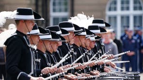 The Top Secret Drum Corps from Switzerland during the working rehearsal for this year's Royal Edinburgh Military Tattoo, entitled Voices, at Redford Barracks, Edingburgh