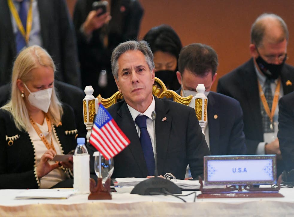 <p>US Secretary of State Anthony Blinken looks on at the East Asia Summit foreign ministers meeting during the 55th Asean foreign ministers’ meeting in Phnom Penh on 5 August 2022</p>